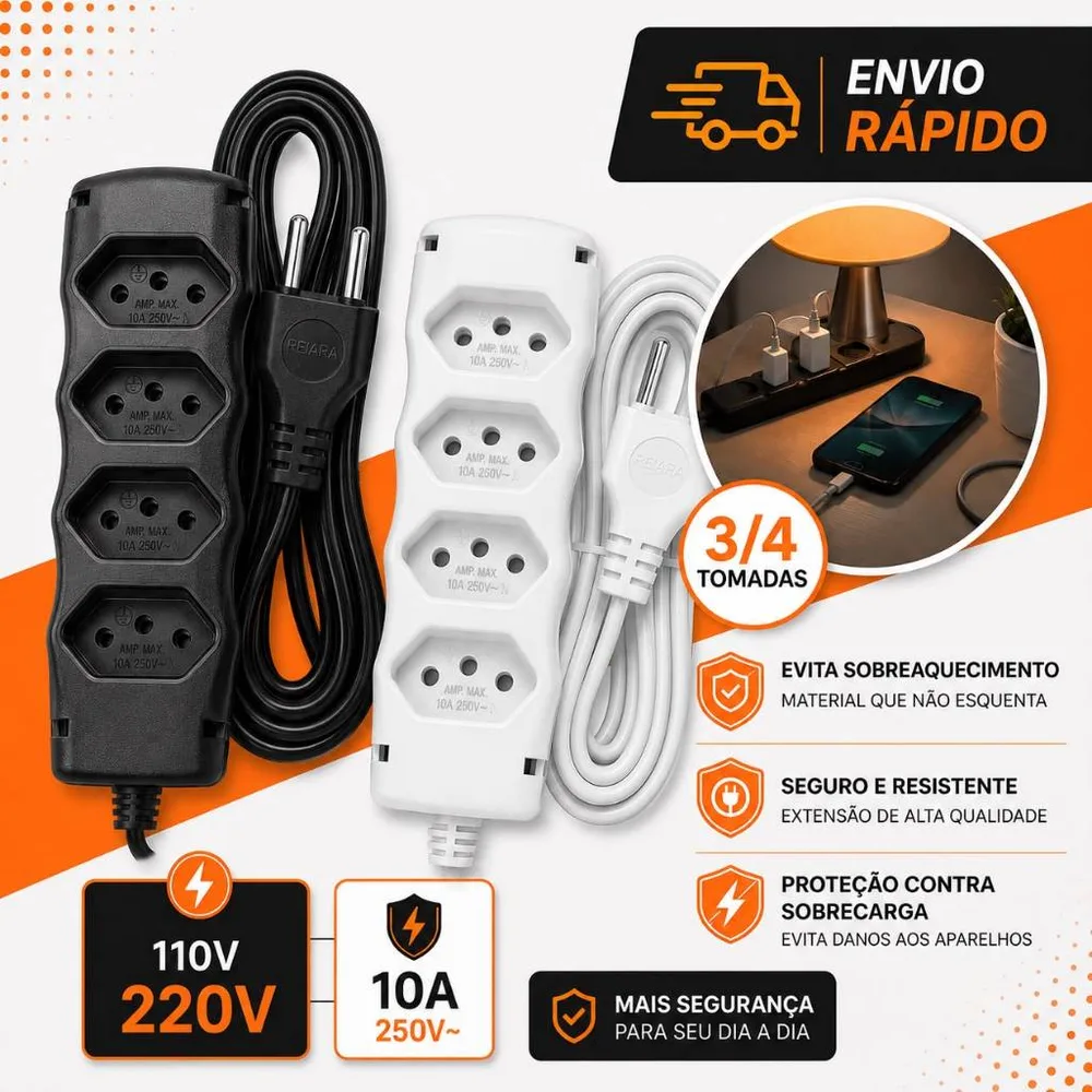 Extensão Elétrica 10A Tripolar Bivolt com Cabo Reforçado Alta Segurança e Resistência 2M 3M 5M 10M