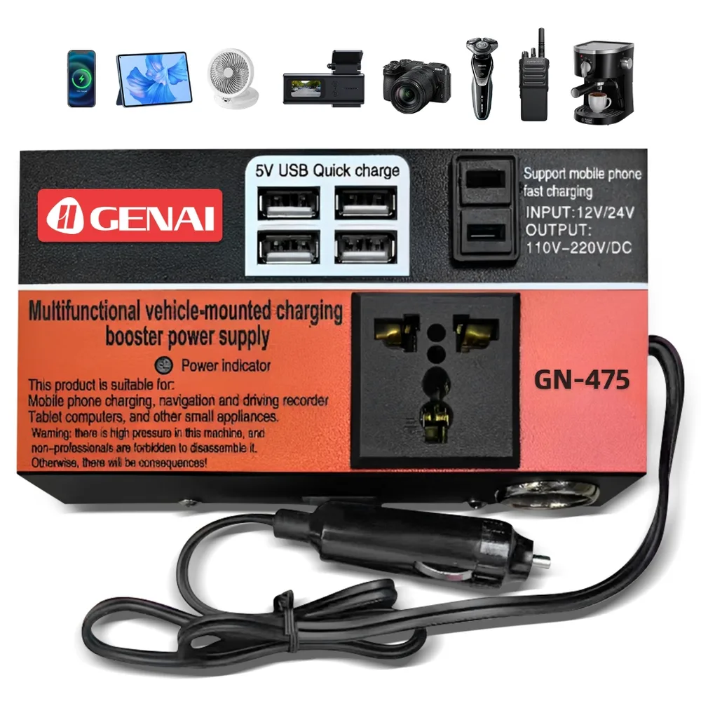 Inversor de Veículo GENAI 12V/24V para 110V-220V com 4 USB Quick Charge, 80W, Portátil para Camping e Viagens