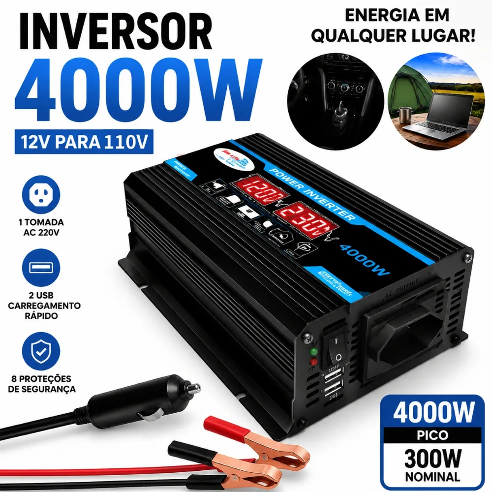 Inversor Solar Digital Para Carro De 4000 W Com USB , 12 V-110 , Uso Em Veículos E Residências