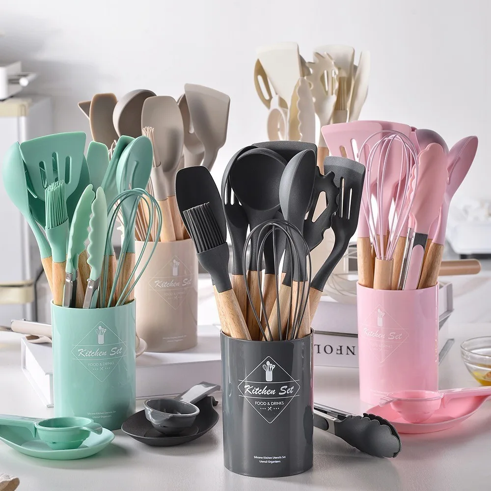 Jogo de Cozinha Kit 5/12 Peças de Silicone Utensílios e Copo Suporte para Cozinha Cabo de Madeira