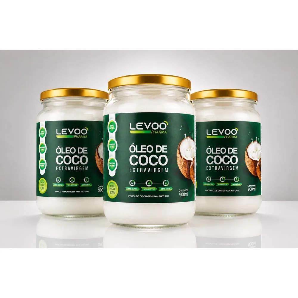 Kit 3 Oleo de Coco Extravirgem 500ml Levoo Baixa Acidez Sabor Coco Fresco
