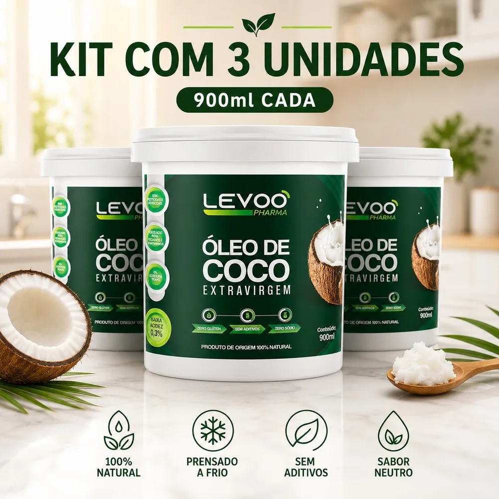 Kit 3 Oleo de Coco extravirgem 900ml Baixa Acidez Sabor Coco Fresco
