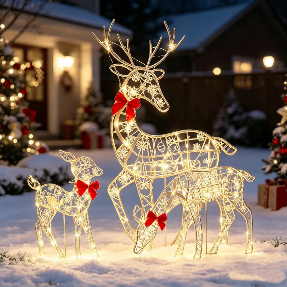 Kit 3 Renas de Natal em Ferro Artesanal com Luz LED Decoração Brilhante para Jardim e Casa -N8