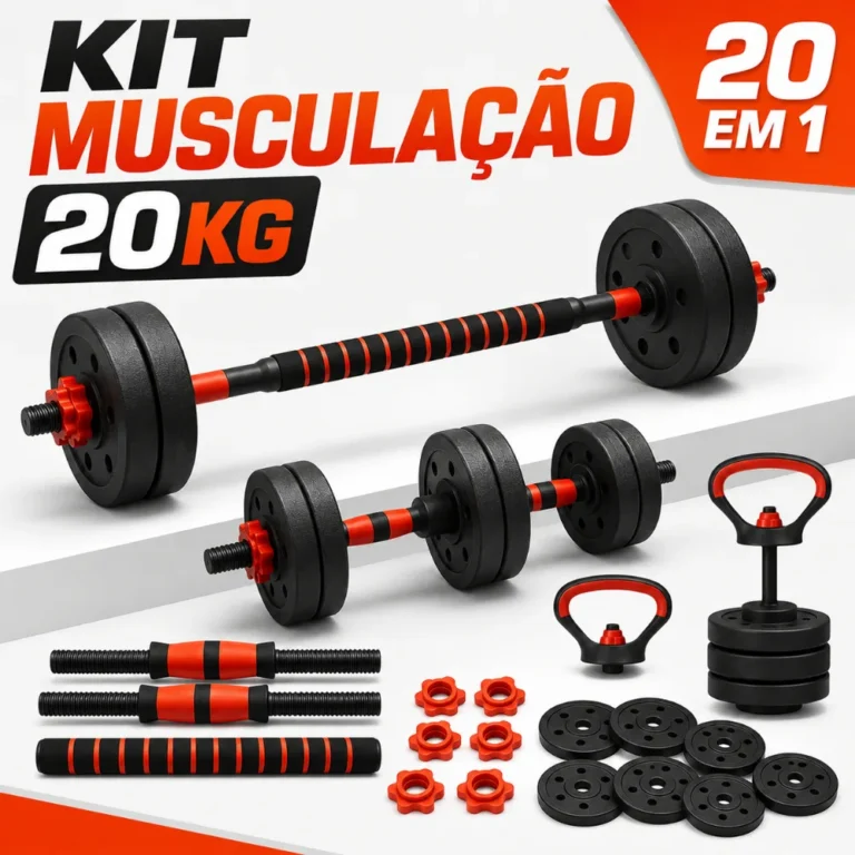 Kit Treino Funcional Musculação 20kg Kettlebell Barra Halteres Anilhas Supino Peso Ajustável