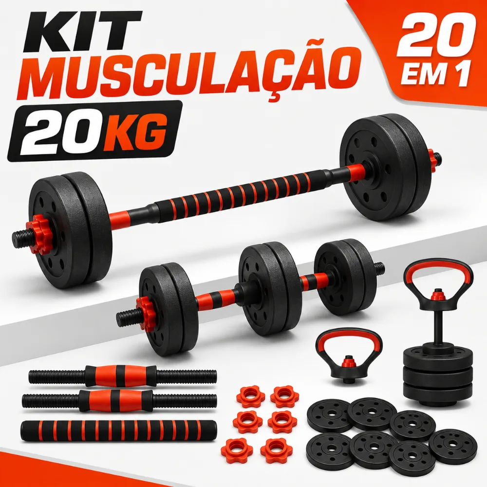 Kit Treino Funcional Musculação 20kg Kettlebell Barra Halteres Anilhas Supino Peso Ajustável