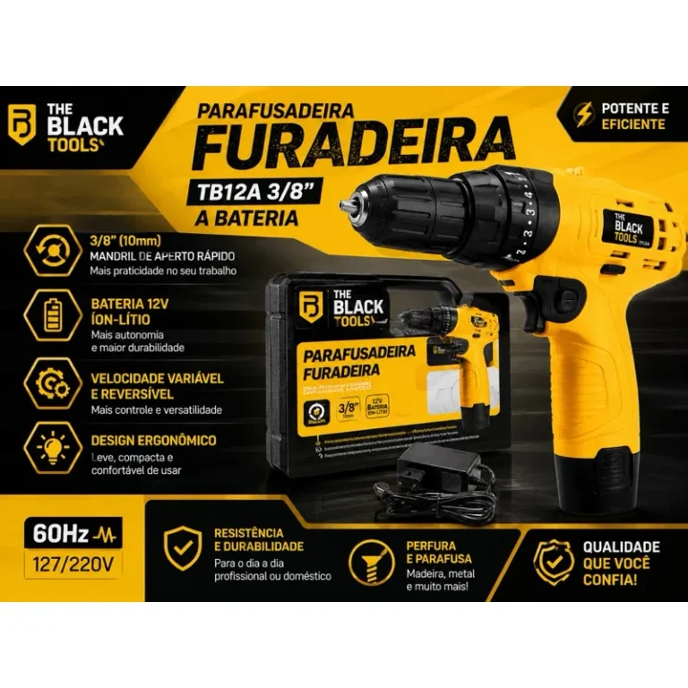 Parafusadeira e Furadeira a Bateria The Black Tools TB12A 12V 3/8" (10mm) com Bateria de Lítio LED e Velocidade Variável