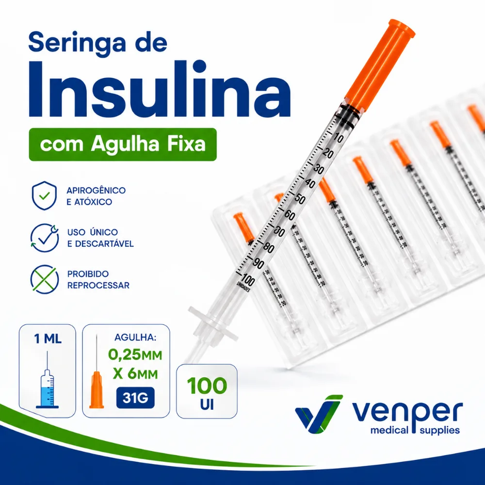 Seringa de Insulina Botox 1ml 100 UI com Agulha Fixa e Ultra Fina 6 x 0,25MM 31G - VENPER